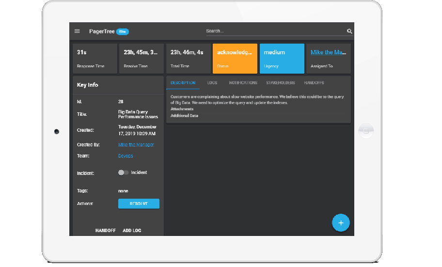 PagerTree incidents Page on a tablet