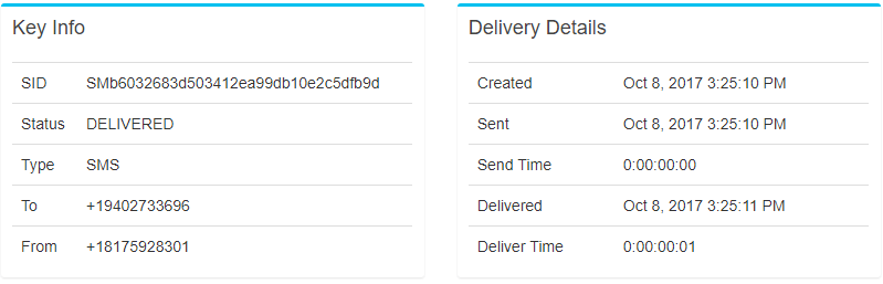 Notification View showing status, type, to, from, created datetime, sent datetime, send time, delivery datetime, and delivery time