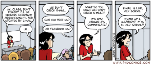 Cartoon with kids saying they don't check email anymore