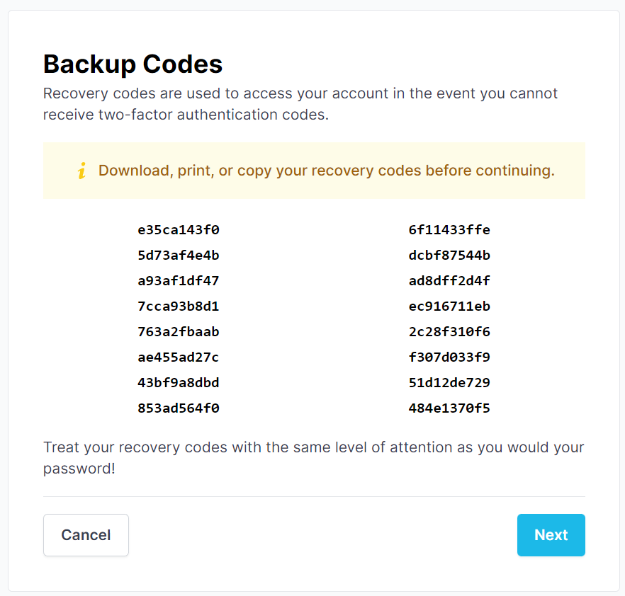 backup codes