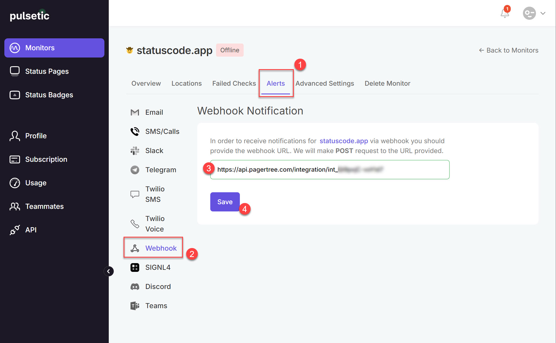 Configure the Pulsetic integration to point to PagerTree