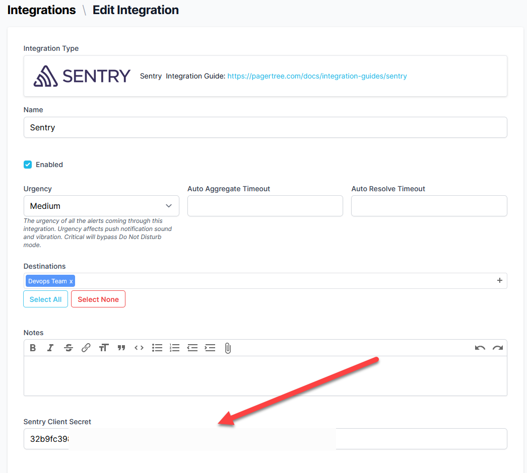 Sentry Client Secret in PagerTree