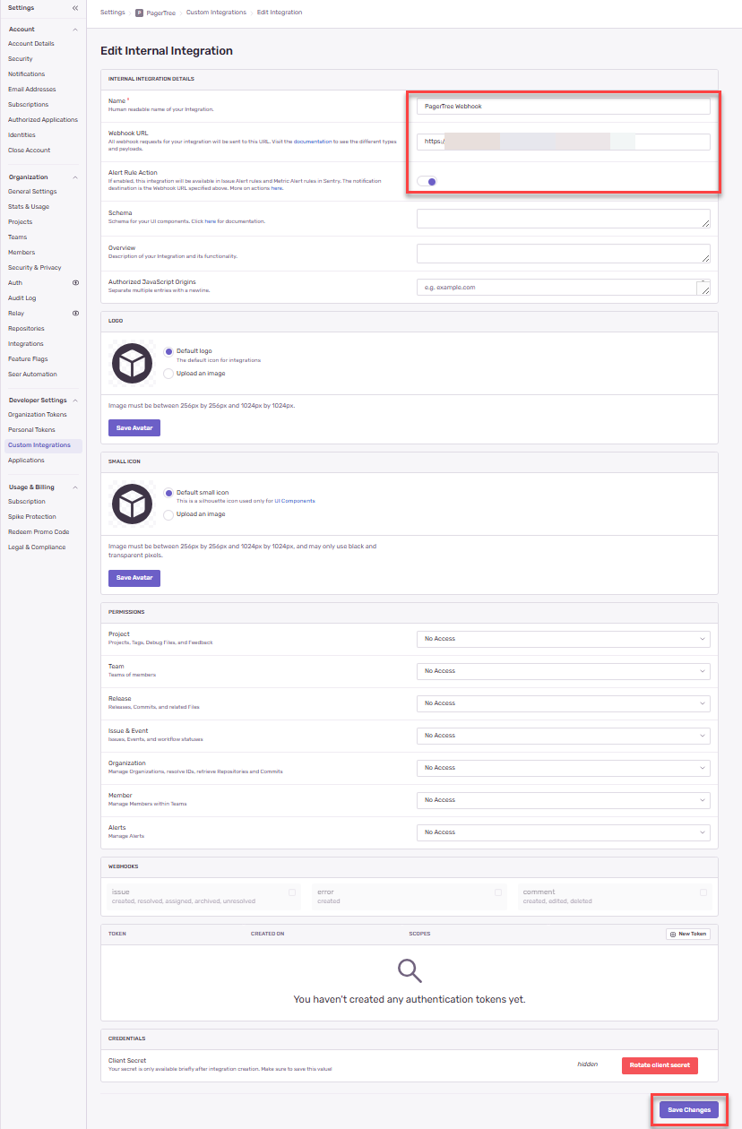 Sentry Webhook Settings
